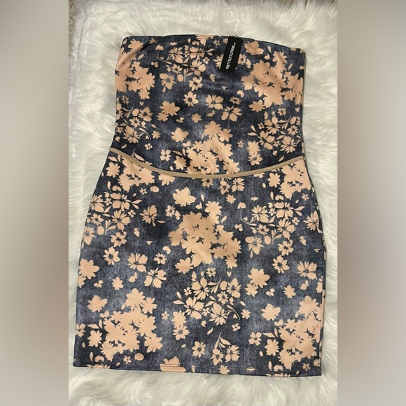 Blue Printed Faux Suede Bandeau Bodycon Dress - Picture 4 of 4